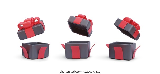Juego de regalos 3d realistas en negro abierto con cintas rojas con sombra aislada en fondo blanco. Ilustración del vector