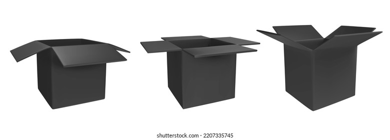 Conjunto de 3d paquete de cartón negro abierto realista aislado sobre fondo blanco. Plantilla vacía para marca. Papel de mechón o caja cuadrada de cartón. Elemento de diseño de moda simple. Ilustración vectorial.