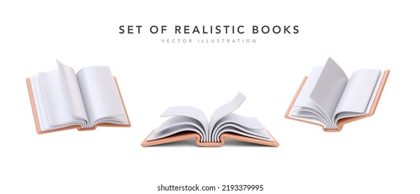 Set of 3d realistic open books in different positions isolated on white background. Vector illustration