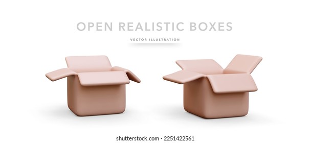 Set of 3d realistic open boxes with shadow isolated on white background. Vector illustration