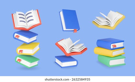 Set of 3d realistic opened and closed books isolated. Stack of book icon. Reading elements. Education and online class concept. Vector illustration