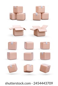Set of 3d realistic parcels isolated on white background. Vector illustration