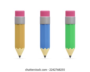 Conjunto de lápiz 3d realista aislado sobre fondo blanco. Lápiz para educación, escritura o dibujo. Ilustración del vector