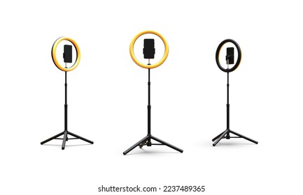 Set of 3d realistic phone on tripod with light bulb. Live stream concept. Vector illustration