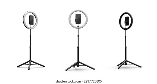 Set of 3d realistic phone on tripod with light bulb. Live stream concept. Vector illustration
