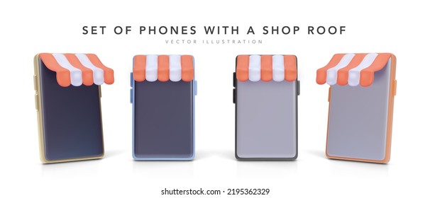 Set of 3d realistic phone with a shop roof isolated on white background. Vector illustration