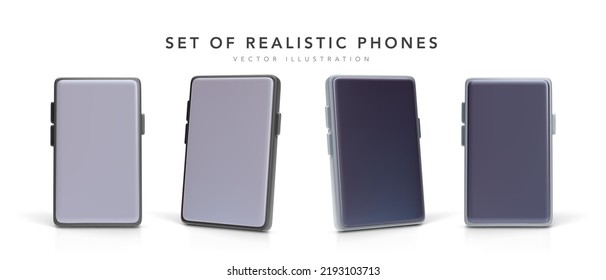 Set of 3d realistic phones with shadow in different positions. Vector illustration