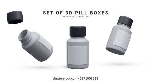 Set of 3d realistic pill box isolated on white background. Vector illustration