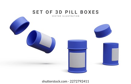 Set of 3d realistic pill box isolated on white background. Vector illustration