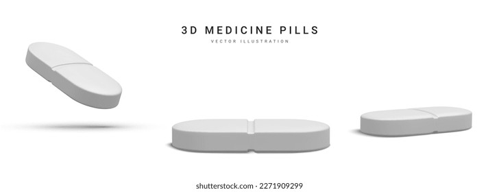 Set of 3d realistic pills isolated on white background. Medicine and drugs. Vector illustration