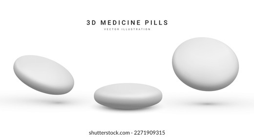 Set von 3D-realistischen Pillen einzeln auf weißem Hintergrund. Medizin und Medikamente. Vektorgrafik