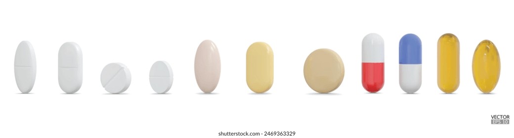 Set of 3d realistic pills isolated on white background. Medical Pill, Capsule, Tablet, medicine drug Collection. 3D vector illustration.
