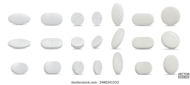 Set of 3d realistic pills isolated on white background. Medical Pill, Capsule, Tablet, medicine drug Collection. 3D vector illustration.
