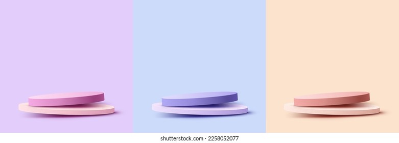 Set of 3D realistic pink, blue, yellow podium pedestal stand on pastel color minimal background. You can use for product presentation, cosmetic display mockup, showcase, etc. Vector illustration
