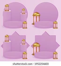 set of 3d realistic pink islamic podium with gold lantern background for product promotion
