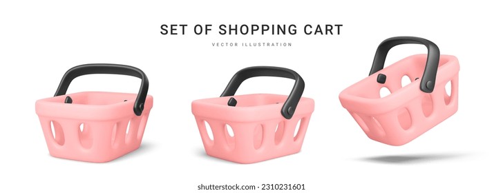 Set of 3d realistic pink plastic shopping cart isolated on white background. Vector illustration