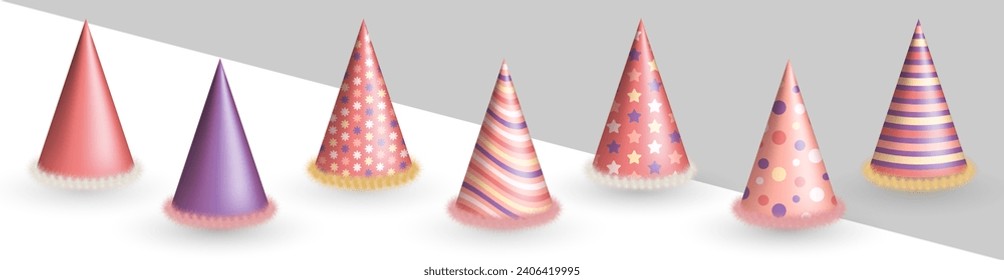 Set of 3d realistic pink and purple party hats clip art for birthday celebration. Three dimensional various birthday caps, festive party cones with colorful fluffy fur for carnival, masquerade event