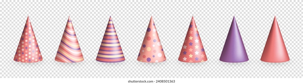 Set of 3d realistic pink and purple party hats clip art for birthday celebration. Three dimensional isometric birthday caps, festive party cones with colorful patterns for carnival, masquerade event