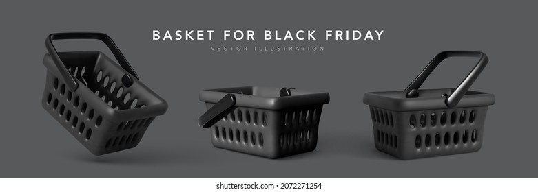 Set of 3d realistic plastic black shopping cart isolated on dark background. Special black shopping basket for Black Friday. Vector illustration