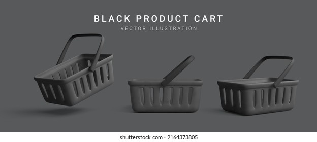 Conjunto de carrito de la compra negro de plástico 3d realistas aislado en un fondo oscuro. Cesta de compras negra especial para el Black Friday. Ilustración del vector