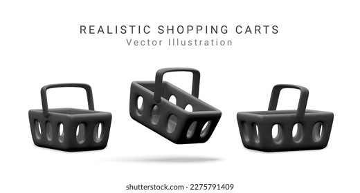 Set of 3d realistic plastic black shopping cart isolated on white background. Special black shopping basket for Black Friday. Vector illustration