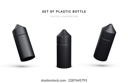 Set of 3d realistic plastic bottle with nicotine liquid for electronic cigarette isolated on light background. Vector illustration.