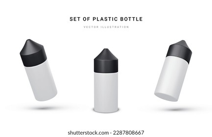 Set aus 3D-realistischer Plastikflasche mit Nikotinflüssigkeit für elektronische Zigaretten einzeln auf hellem Hintergrund. Vektorgrafik.