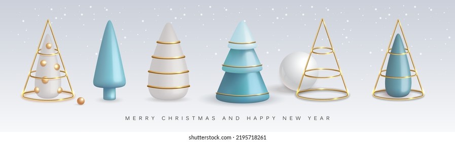 Set of 3D realistic plastic Christmas trees. Merry Christmas and Happy new Year greeting card. Vector illustration