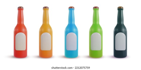 Set 3d realistic plastic or glass bottles different color isolated on white background. Collection cartoon colorful drink alcohol or juice containers. Bright design elements. Vector illustration.