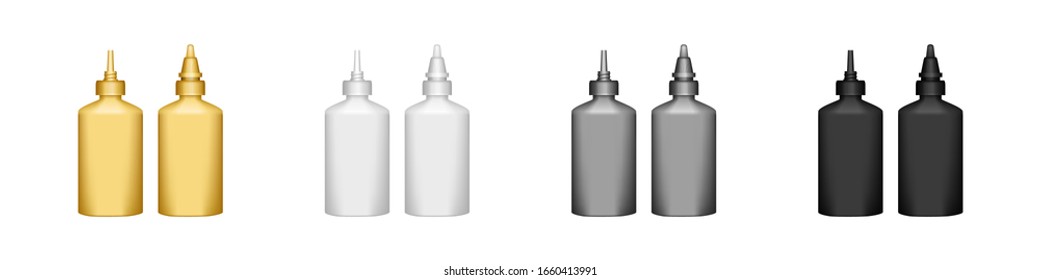 Set of 3d realistic plastic glue bottles isolated from background - white, black, silver, golden. Product mockup. Vector illustration