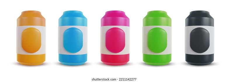 Set 3d realistic plastic or iron cans different color isolated on white background. Collection cartoon colorful drink alcohol or juice containers. Bright design elements. Vector illustration.