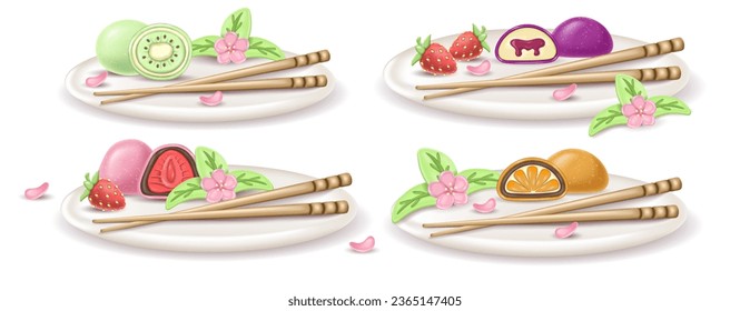 Set of 3d realistic plates with Japanese multi-colored dessert Daifuku Mochi with strawberry, orange and kiwi. a whole and half a cake in rice dough. Serving dish with sakuri flowers and hashi.