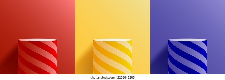 Set of 3D realistic podium platform pedestal stand cylinder shape display with spiral stripes on red, yellow and blue colors background minimal style. Abstract studio room elegant wall scene. Products