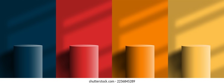 Set of 3D realistic podium platform pedestal stand cylinder shape display with lighting and window shadow on blue, red, orange, yellow colors background minimal style. Studio room elegant minimal wall