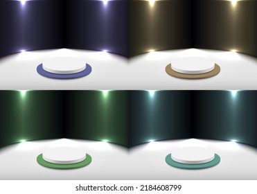 Conjunto de productos 3D realistas muestra podio blanco y azul, púrpura, amarillo, verde con fondo violeta brillante en el fondo del suelo limpio escenario estilo mínimo. Diseño de plataforma geométrica. Vector
