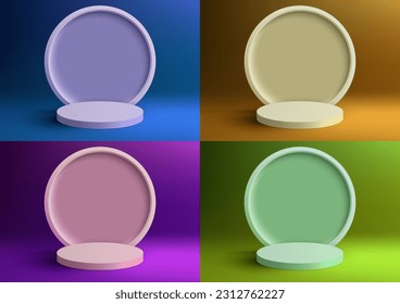 Set of 3D realistic products display empty podium pedestal stand with circle backdrop minimal wall scene background. Use for product presentation, cosmetic display mockup, showcase, media banner, etc