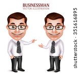 Set of 3D Realistic Professional Business Man Character Pointing and Presenting Isolated in White Background. Vector Illustration
