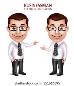 Set of 3D Realistic Professional Business Man Character Pointing and Presenting Isolated in White Background. Vector Illustration
