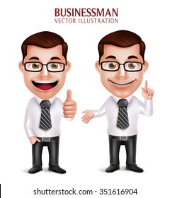 Set of 3D Realistic Professional Business Man Character with Pointing and OK Hand Gesture Isolated in White Background. Vector Illustration
