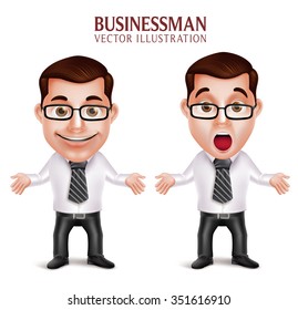 Set of 3D Realistic Professional Business Man Character Shocked and Surprised Posture Isolated in White Background. Vector Illustration
