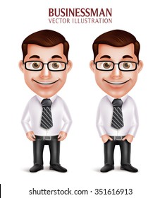 Set of 3D Realistic Professional Business Man Character Happy Smiling Isolated in White Background. Vector Illustration
