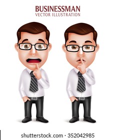 Set of 3D Realistic Professional Business Man Character in Silent Gesture and Worried Isolated on White Background. Vector Illustration
