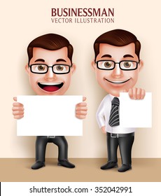 Set of 3D Realistic Professional Business Man Characters Holding White Blank Paper for Message. Vector Illustration
