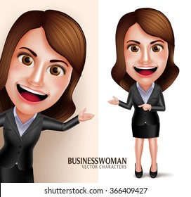 Set of 3D Realistic Professional Business Woman Vector Character with Friendly Smile Showing Presentation Isolated in White Background. Vector Illustration
