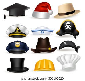 Conjunto de sombreros y gorras profesionales realistas en 3D para la policía, el chef, los piratas, el mago, la Navidad y el casual aislados en el fondo blanco. Ilustración vectorial