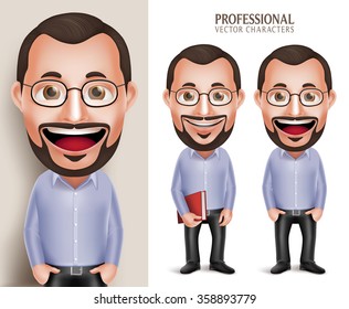 Set von 3D realistischen Profi Alten Lehrer Professor Man Vektorillustration Charaktere mit Eyeglasses einzeln auf weißem Hintergrund. Vektorillustration-Illustration
