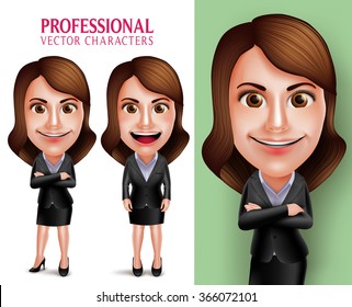 Set of 3D Realistic Professional Woman Character with Business Outfit Happy Smiling in Poses Isolated in White Background. Vector Illustration
