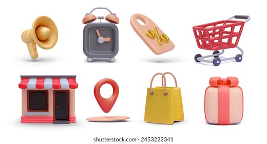 Set von 3D-realistische Förderung Vektor-Icons isoliert auf weißem Hintergrund. Megaphon, Timer, Rabatt, Warenkorb, Store, Zeiger, Tasche, Geschenk