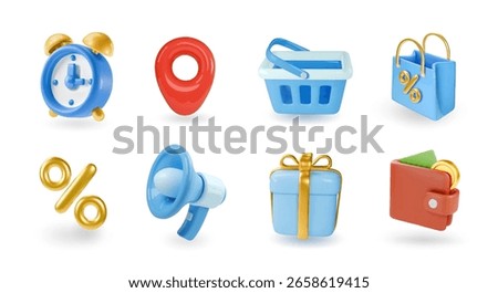 Set of 3d realistic promoting vector icons isolated on white background. Megaphone, timer, discount percent, wallet. store, pointer, bag, gift