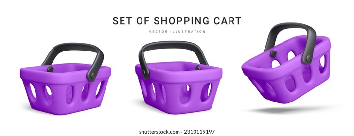 Set of 3d realistic purple plastic shopping cart isolated on white background. Vector illustration